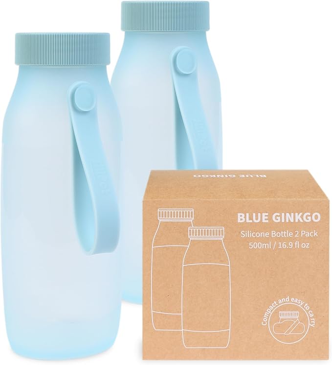 BLUE GINKGO Collapsible Water Bottle [2-Pack] – Lightweight, Foldable Silicone Bottles for Travel, Hiking, and Camping (16.9oz, Made in Korea, Blue) by BLUEGINKGO