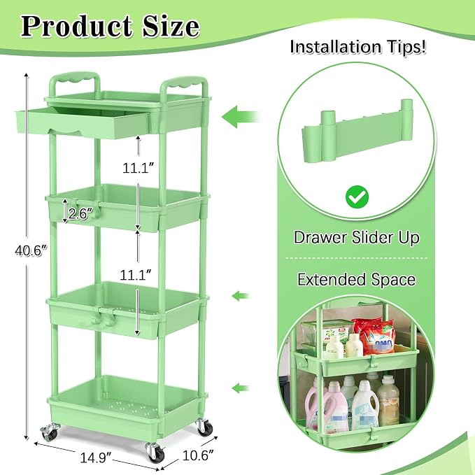 SUNALLY 4 Tier Rolling Cart with Drawer, Craft Storage Cart Organizer,Green | Bathroom Storage Organizer with 2 Lockable Wheels, Rolling Utility Cart for Kitchen, Office, Baby, Makeup, Nail,Snack,Laundry - Image 2