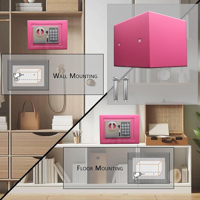 Yuanshikj Small Steel Security Safe Box with Keypad,Key;0.23 Cu Ft, Pink | Electronic Digital Secure,9.1" W x 6.7" D x 6.7" H,Hidden for Home Dorm Apartment Hotel Office Cash Jewelry Storage - Image 3