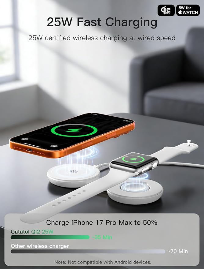 2 in 1 Magnetic Wireless Charger, Qi2 25W Fast Charging Travel Station Pad Compatible with MagSafe for iPhone Air/17/16/15/14/13/12, 5W for Apple Watch, AirPods 4/3/2/Pro with 30W Adapter(White) - Image 2
