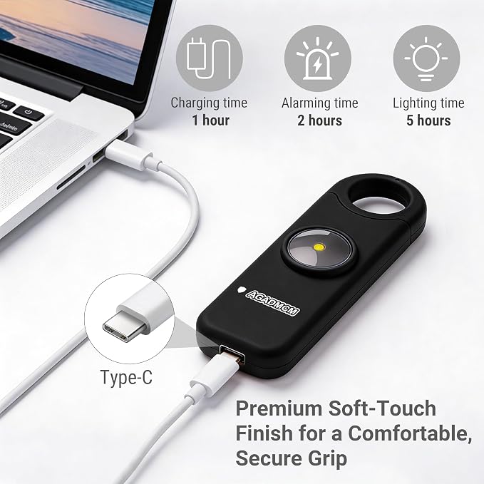 Rechargeable Personal Safety Alarm for Women | 130dB Loud Siren & Strobe Light & Low Battery Notice, Emergency Keychain Alarm for Self Defense (Charcoal Black) - Image 6