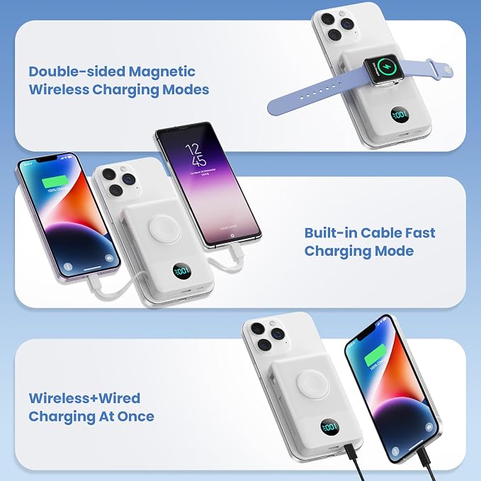 Magnetic Portable Charger 10800mAh with Built-in Cables,Wireless Power Bank for Magsafe,25W PD Fast Charging USB-C Travel Essentials Battery Pack for iPhone 17/16/15/14/13/12 Series,Apple Watch-White - Image 3