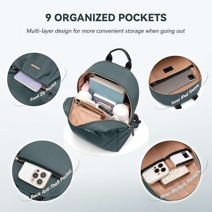 Small Backpack for Women, Cute Backpack Casual Work Daypack Purse for College Travel, fit 9.7 Inch, Dark Green - Image 3