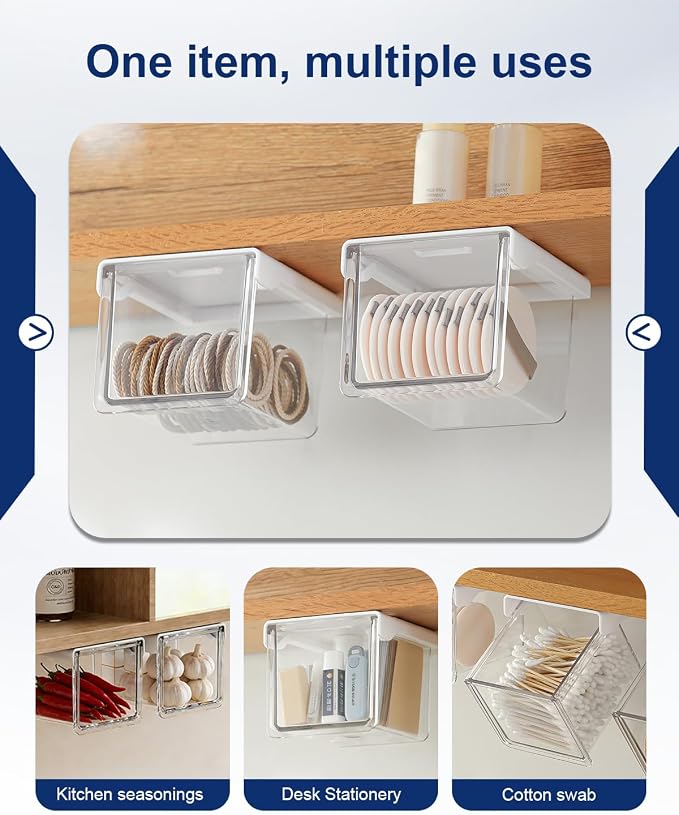 Hanging Cabinet Organizer – 33° Tilted Under Desk Drawer & Bathroom Storage – Self-Adhesive Clear Pull-Out Bins for Kitchen, Office & Vanity (Small) - Image 6