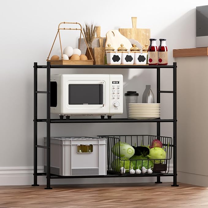 Sakugi Storage Shelves - 3 Tier Shelf Organizer, Heavy Duty Garage Shelving Unit with Leveling Feet, Stable Metal Shelves Organizer for Pantry, Kitchen and Closet, 33.0" W x 12.6" D x 30.4" H, Black by Sakugi