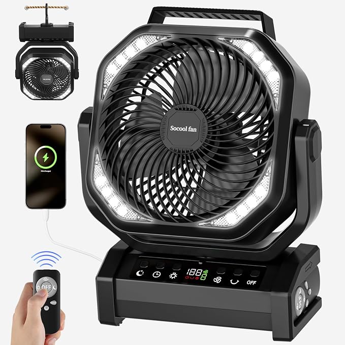Socool Camping Fan with Light, 20000mAh Rechargeable Battery Fan with Remote, 112Hrs & 8 Speeds, Digital Display, Timer, Auto Oscillation, 270° Pivot & Hook for Outdoor Tent, Hurricane, Power Outage by Socoolfancoolinhand