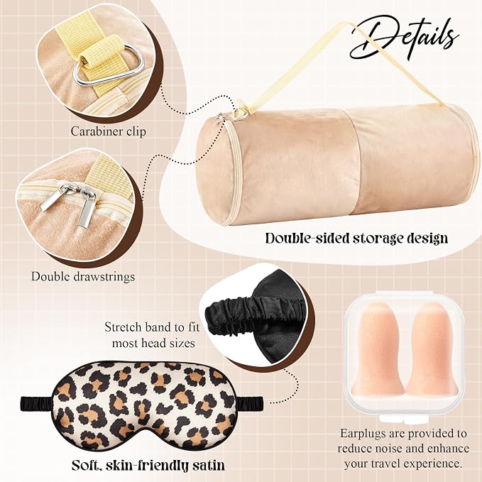 HunnmingRe 5 Pcs Travel Pillow and Blanket Set, 5 in 1 Travel Airplane Compact Includes 40 x 60 Inch Throw Blanket Eye Mask Neck Pillow Earplug and Bag Gifts for Travelers Women(Leopard Print,Brown) - Image 4