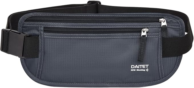 RFID Blocking Money Belt for Men Women, Slim Fanny Pack for Travel，Running,Conceal Waist Wallet for Passport Holder,Phone,Cash(Black Dark Grey) by DAITET