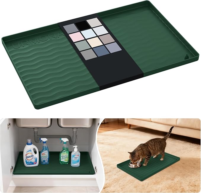 URMONA Waterproof Silicone Under Sink Mat 19'' x 12'' Shelf Liner for Kitchen and Bathroom, Cabinet and Counter Protector, Storage and Organizers, Litter Mat, Pet Cat Puppy Essentials(Green) by URMONA