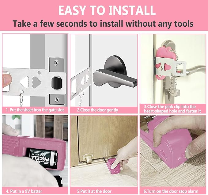 MBBEST Hotel Door Lock & Door Stop Alarm,Dual Protection Security Devices Pocket Door Stopper Self Defensey Tools for Hotel Travel Home Apartment House, Pink/Pink - Image 4
