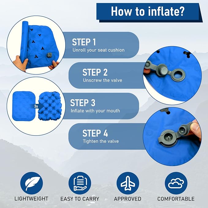 Inflatable Seat Cushion, Lightweight Stadium Seat Pad, Travel Air seat Cushion Anti-Slip for Airplane, Long Flights, Hiking, Climbing, Home and Camping, Compact Air Cushion,Blue - Image 4