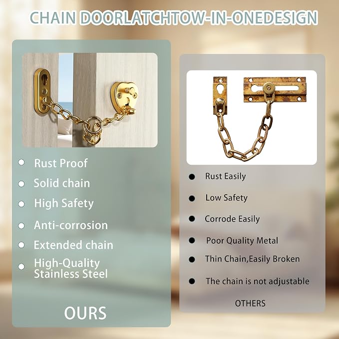 Alise Door Chain Lock, Gold Adjustable Child Proof Security Door Lock for Apartment | Stainless Steel Chain Door Lock,Heart-Shaped Design Press-To-Unlock, Heavy Duty Chain Lock For Bedroom & Travel - Image 7