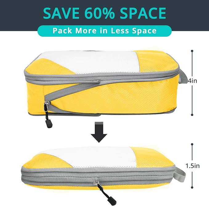 Compression Packing Cubes 6 Set, Compressible Space-Saving Packing Cubes for Travel - Compression Bags, Luggage Organizer, Travel Essentials for Women, Golden Yellow - Image 2