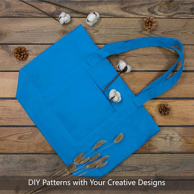 TOPDesign 6-Pack Canvas Tote Bags with an External Pocket, Reusable Grocery Shopping Bags, Top Zipper Closure, Daily Essentials (Ocean Blue) - Image 3
