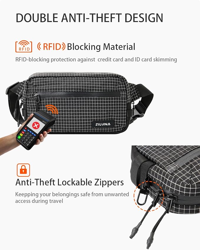 2L Sling Bag for Men & Women - Anti-Theft RFID Blocking Fanny Pack with Lockable Zippers, Water Resistant Lightweight Crossbody Bag for Travel Hiking Running Gym Walking Daily Use(Black Plaid) - Image 2
