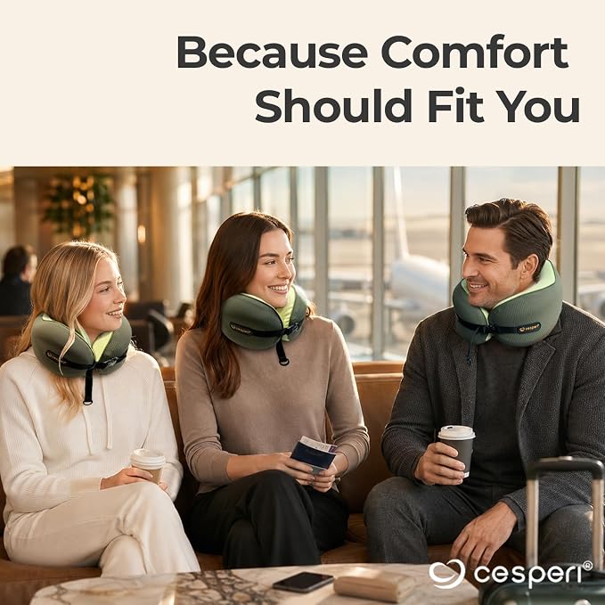 Cesperi® Ergonomic Travel Neck Pillow for Airplanes & Cars, Medium | CertiPUR-US® Certified Memory Foam, Washable Cover, Travel Bag, Standard Neck Fit, Neck Pillow for Flights (Avocado Green) - Image 8