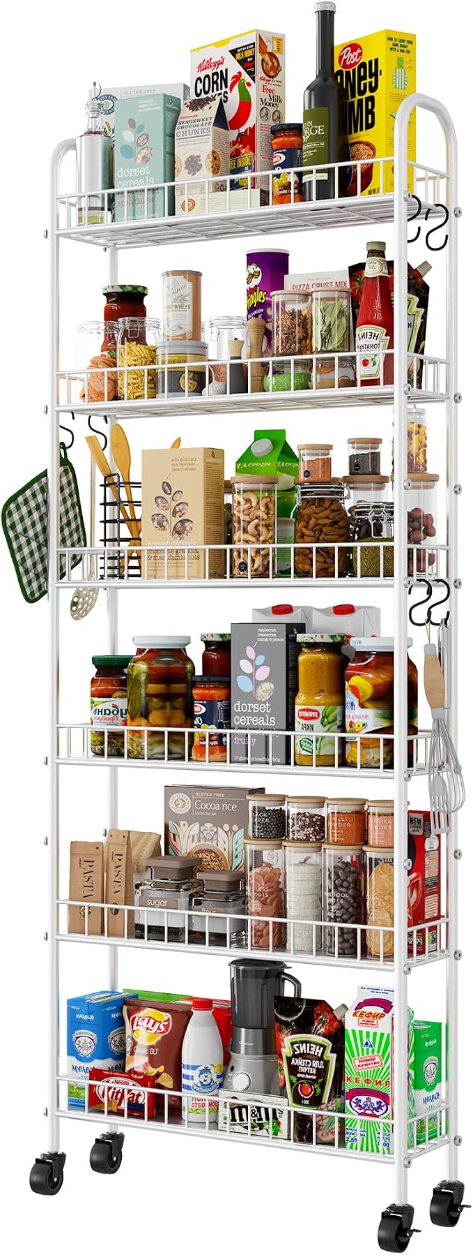 6 Tier Slim Rolling Storage Cart with Wheels, Metal Mobile Shelving Unit Organizer Utility Cart for Office Bathroom Kitchen Laundry Room Narrow Places (White 6 Inches) by Qiaoxuan