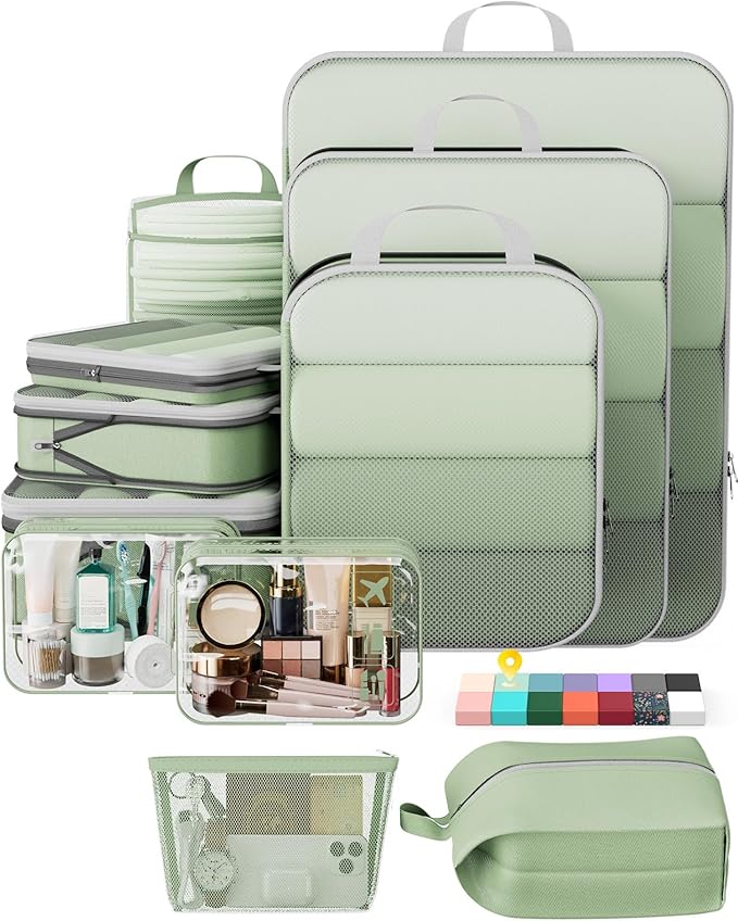 Veken 11 Set Compression Packing Cubes Garment Bags for Travel Essentials,Compressible Expandable Luggage Organizer Bags for Clothing,Space Saver Bags with Over 1000 pcs of Mesh Holes(Matcha Green) by Veken