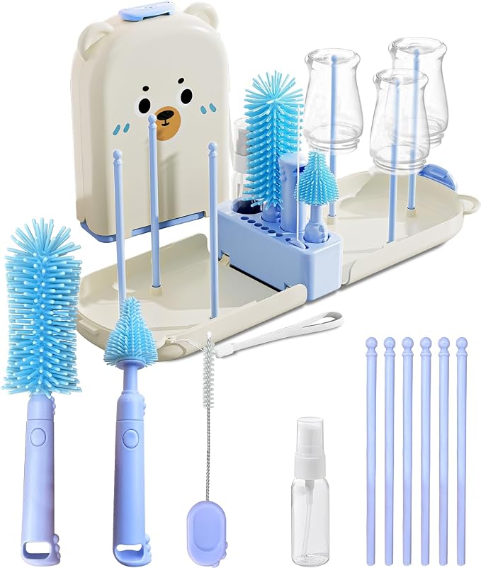 Blue Travel Bottle Cleaner Kit with Drying Rack – 6-in-1 Baby Bottle Washer & Silicone Brush Set for Pump Parts, Nipples & Straws – Portable Baby Travel Essential in Compact Case by Detsuk