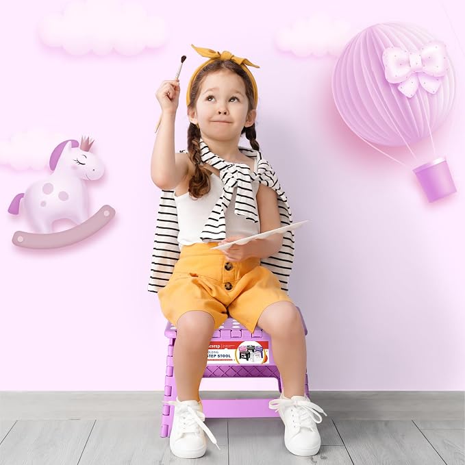 9 Inch Foldable Step Stool for Kids, 300 lb, Light Purple | Lightweight Plastic Small Foldable Step Stool with Handle, Non-Slip, for Kitchen, Bathroom, Bedroom and Closet - Image 5