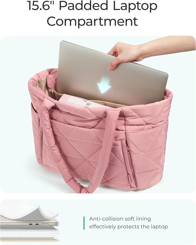 BAGSMART Tote Bag for Women, Puffer Tote Bag with Zipper, Large Quilted Shoulder Bag with Compartments for Travel, Work, Gym - Image 7