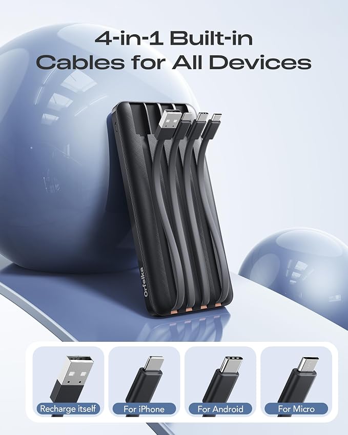 Orfeika 20000mAh Power Bank, Portable Charger with 4 Built-in Cables | 20W PD USB C Fast Charging,6 Outputs,LED Display,Flight-Safe,Travel Essentials Battery Pack for iPhone, Galaxy, iPad & More - Image 3