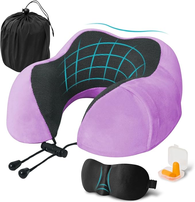 Travel Pillow, Memory Foam Neck Pillow for Traveling, U Shape Neck Pillow Airplane Portable Flight Pillow Travel Kit with 5D Contoured Eye Masks and Earplug for Plane Train Car Home Office by Unknown