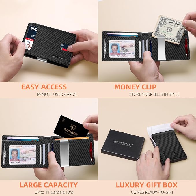 RUNBOX Slim Wallet for Men - RFID Blocking Leather Bifold with Money Clip | Minimalist Front Pocket Wallet Holds 11 Cards,Slim Thin Design,RFID Blocking Protection, Practical Birthday Gifts for Men - Image 2
