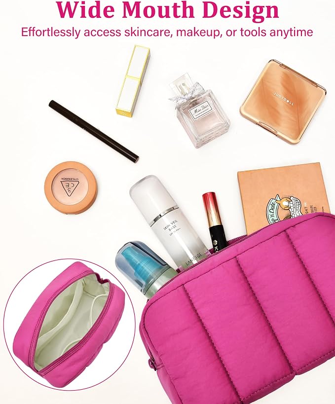 2 Pcs Makeup Bag Travel Toiletry Bag for Women Puffy Padded Cosmetic Pouch Purse Wide-open Makeup Organizer Case Travel Essentials - Image 5