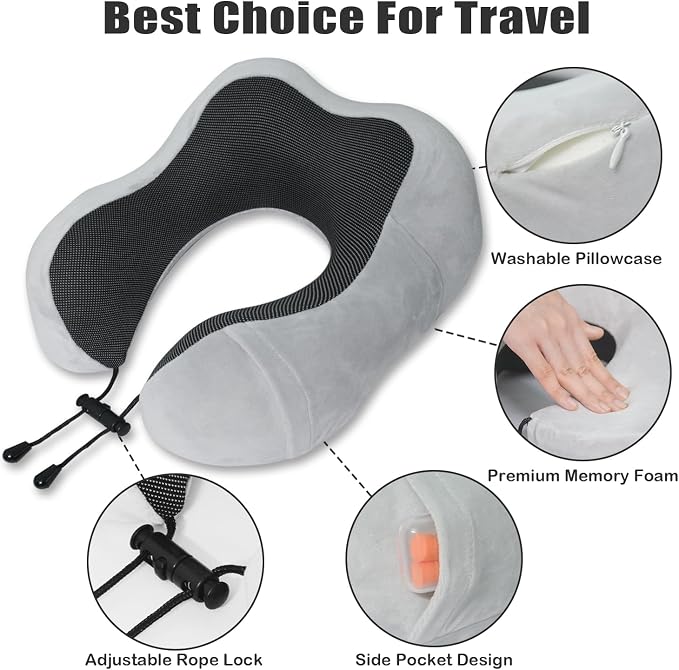 Travel Pillow, Memory Foam Neck Pillow for Traveling, U Shape Neck Pillow Airplane Portable Flight Pillow Travel Kit with 5D Contoured Eye Masks and Earplug for Plane Train Car Home Office - Image 3