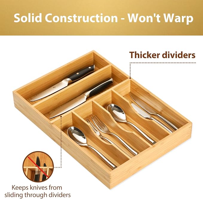 Kitchen Drawer Organizer, 12 Inch Silverware Utensil Tray Holder, Extra Deep, with Non-Slip Feet & Grooved Drawer Divider, 6 Slots Total Bamboo Wood Caddy for Flatware Cutlery Knives - Image 3