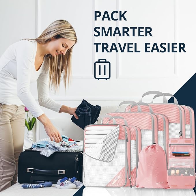 Compression Packing Cubes 8 Set, Compressible Space-Saving Packing Cubes for Travel - Compression Bags, Luggage Organizer, Travel Essentials for Women, Beige - Image 7