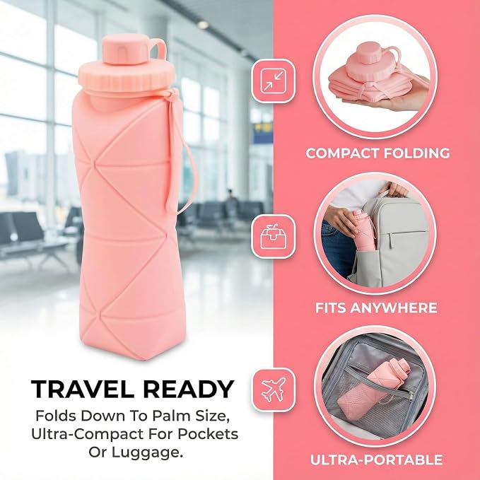 Collapsible Water Bottles 20oz (600ml), BPA-Free Silicone Foldable Portable Lightweight Reusable Water Bottle with Leak-Proof Lid & Lanyard for Outdoor Travel Cycling Gym & Camping - Image 7