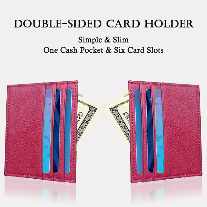 WOXVM Credit Card Holder Wallet RFID Blocking Slim Credit Card Cases Holder Premium Leather Minimalist Front Pocket Small Wallet with 6 Card Slots and 1 Pockets for Men Women (Rose Red) - Image 4