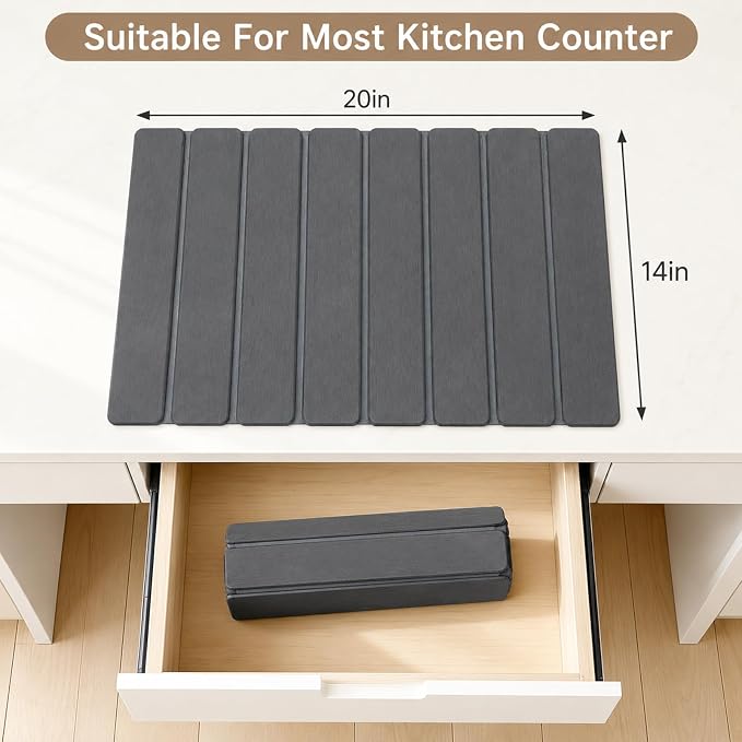 Stone Dish Drying Mat for Kitchen Counter, Thin & Light Quick Dry Stone Dishes Mat, Foldable Water Absorbing Diatomite Drying Pad for Kitchen Bathroom Sink Countertop (Pure Gray 20"x14") - Image 5