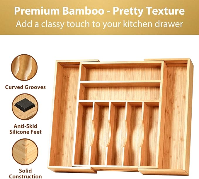 Large Expandable Kitchen Silverware Utensils Drawer Organizer, 2.5" Extra High Adjustable Drawer Divider with Curved Grooves, Bamboo Wood Cutlery Tray Flatware Holder - Image 3