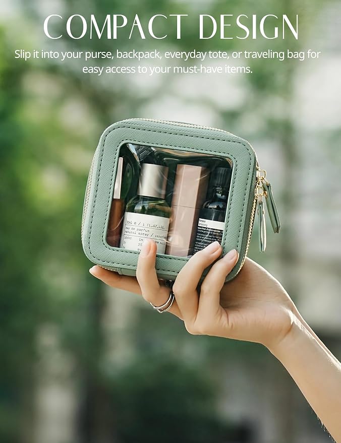 Small Clear Makeup Bag for Purse, Travel Cosmetic Case Green, Mini | Waterproof PU Leather, Square Make Up Pouch with Zipper, Tiny Sage Green Toiletry Organizer Bag Women Car Essential Bag - Image 5