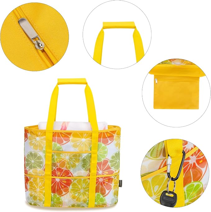 KABAQOO Mesh Beach Bag, Extra Large Beach Bags with 9 Pockets & Zipper Waterproof Lightweight Beach Tote for Beach/Pool Trip - Image 3