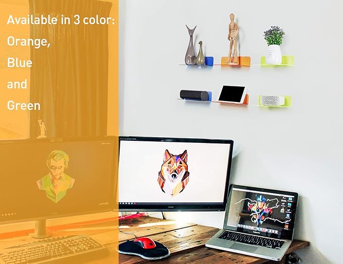 OAPRIRE Small Acrylic Floating Wall Shelves Set of 2, Flexible Use of Wall Space, 9 Inch Adhesive Display Shelf for Security Cameras/Smart Speaker/Action Figures, with Cable Clips - Clear Orange | Strong Tape Adhesive Wall Shelf, Easy Installation, Hol... - Image 4