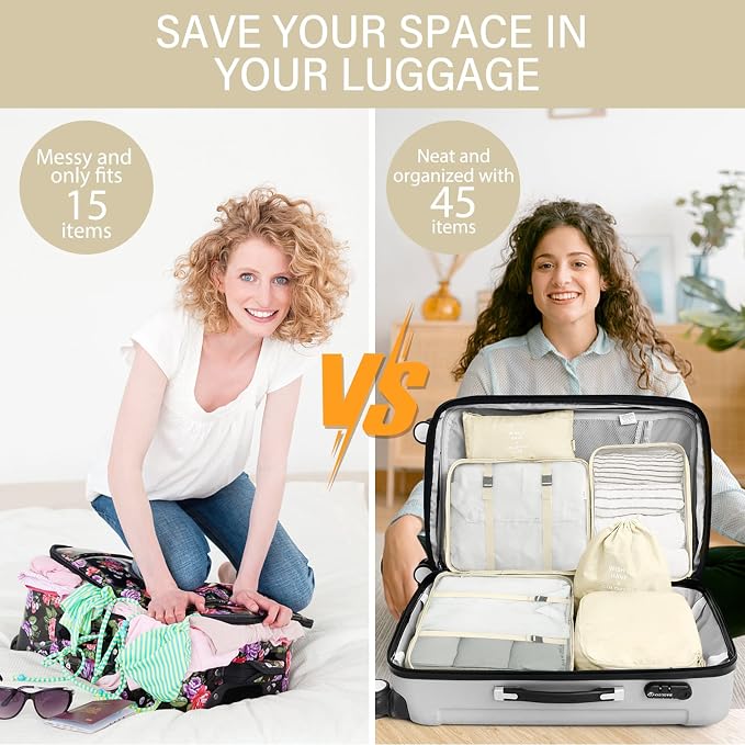 KPX 8 Set Packing Cubes for Travel, Luggage Packing Organizers Accessories Large Toiletries Bag for Clothes Shoes Cosmetics (Beige) - Image 5