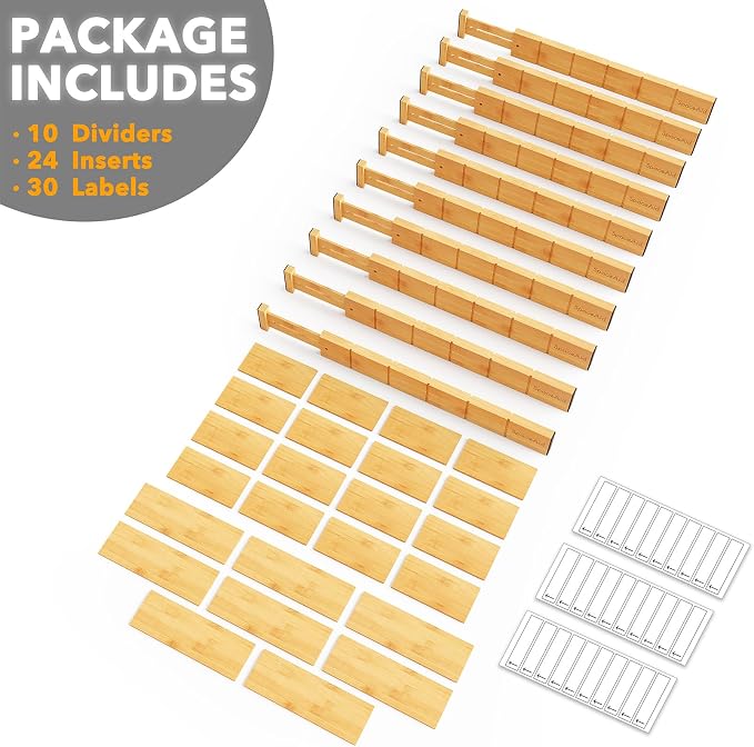 SpaceAid Bamboo Drawer Dividers with Inserts and Labels, Kitchen Adjustable Drawer Organizers, Expandable Organization for Home, Office, Dressers, 10 Dividers with 24 Inserts (17"-22" Natural) - Image 7