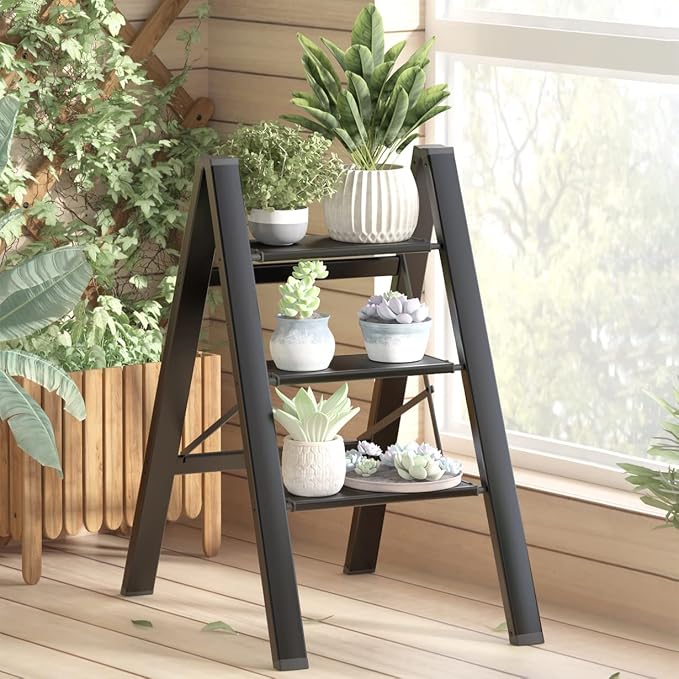 3 Step Ladder, Folding Step Stool with Anti-Slip Wide Pedal | Lightweight, Aluminum Material, 330LBS Load, Portable, Easy Storage, Space Saving, for Kitchen, Bedroom Use, Black - Image 6