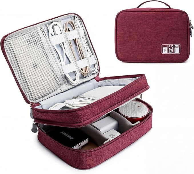 Lanola Travel Cable Organizer Bag, Electronic Accessories Case Portable Double Layer Cable Storage Bag for Cord, Charger, Flash Drive, Phone, SD Card,Personal Items - (Red) by Lanola