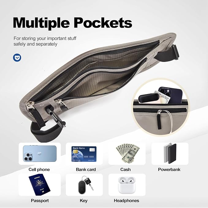 Unisex Money Belt For Men and Women, Slim Passport Holder RFID Blocking Travel Essentials Pouch with Adjustable Strap Small Waist Pouch for Workout Running Travelling Hiking, Light Grey 2 Pack - Image 5