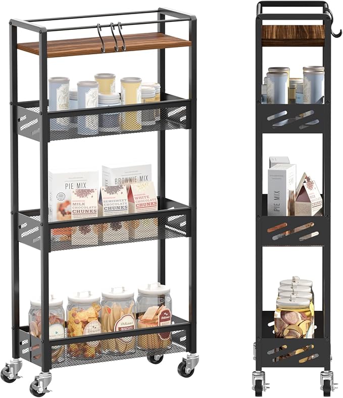 DGSNADGO Slim Rolling Storage Cart, 4-Tier Narrow Kitchen Cart with Wheels | Metal Mobile Snack Shelving, Rolling Spice Rack for Small Space in Kitchen, Living Room, Bathroom, Rustic Brown and Black by DGSANDGPuttheCustomerFirst