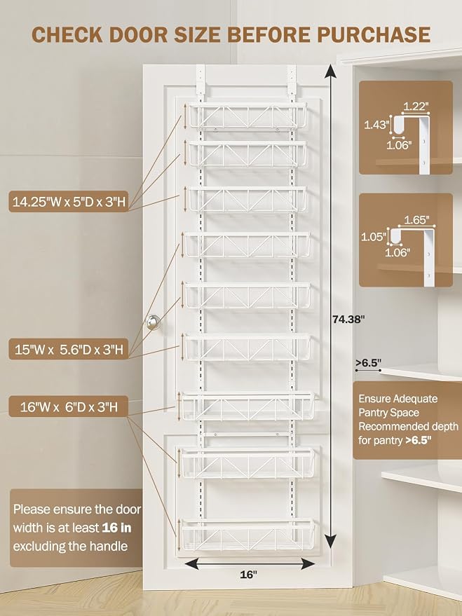 Delamu Adjustable Over the Door Pantry Organizer, 9-Tier Metal Pantry Organization and Storage for Kitchen, Hanging Spice Rack Seasoning Shelves, Cabinet Door Organizer for Easy Install, 16" White - Image 2
