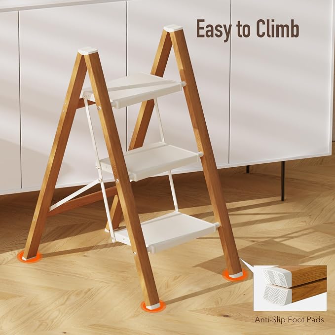 Mayi Plus 3 Step Stool Foldable, Aluminum, Lightweight Step Ladder | Extra-wide anti-slip folding steps with 330 lbs, for home,kitchen,office,outdoor,White & Woodgrain. - Image 4