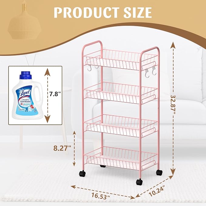 PLKOW 4-Tier Rolling Utility Cart with Detachable Baskets, Pink | 4-tier steel cart with detachable baskets, anti-fall pads, hooks, and 360° wheels for compact home storage - Image 3