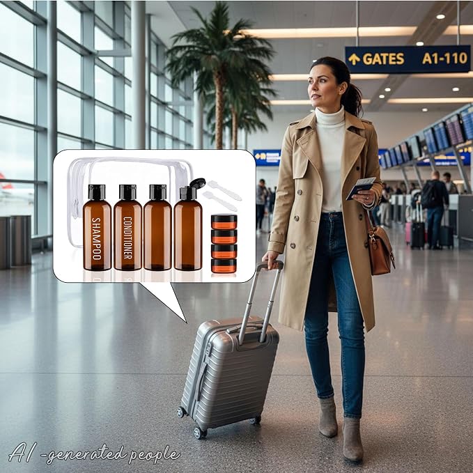 Travel Bottles for Toiletries 8 Pack Brown Pre-print Bottles | 3.4oz TSA Approved, Leak Proof, 0.35oz Small Cream Jars, For Shampoo Conditioner Body Wash - Image 5