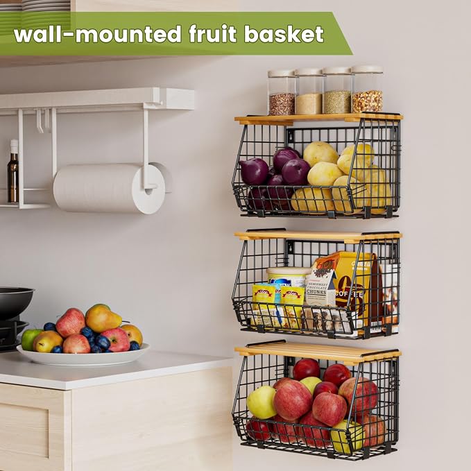 Hanging Fruit Basket for Kitchen, 3 Pack Vegetable Produce Basket | Wood Lid, Wall Mounted & Countertop Wire Storage Basket for Potato Onion Fruits Vegetables, Pantry Organizers Storage - Image 5